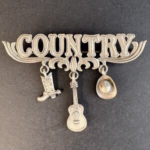 Vintage JJ Jonette Country Boot Guitar Cowboy Hat‎ Charm Brooch Pin Pewter Tone